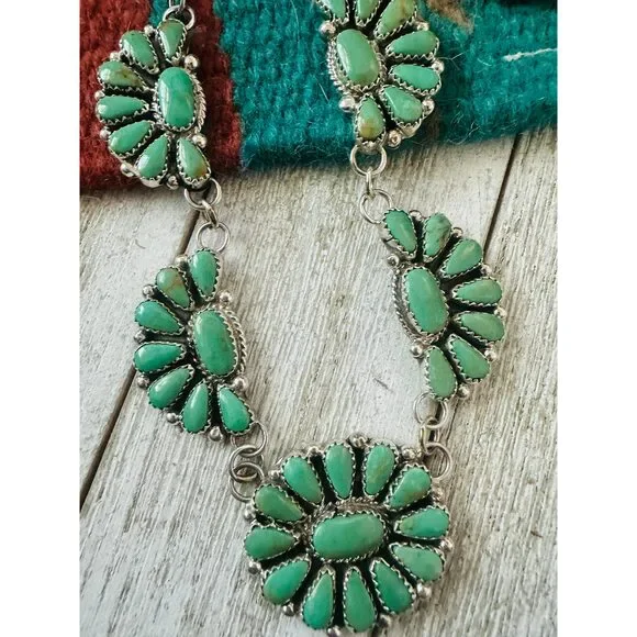 Navajo Sterling Silver & Turquoise Cluster Necklace and Earring Set - Picture 4 of 8